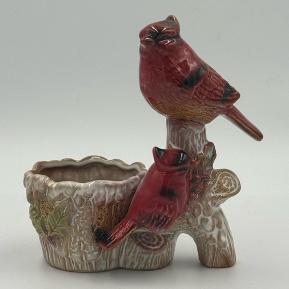 Vintage Ceramic Tea Light Candle Holder Two Cardinals on Tree - Picture 1 of 7